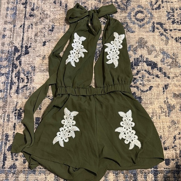 Green and White Jumpsuit with Floral Lace and Drawstring Waist - Picture 1 of 1